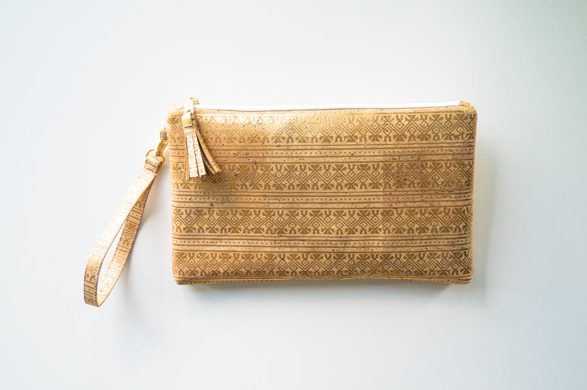 Wristlet Clutch Purse Natural Cork with Gold Print – Silvania