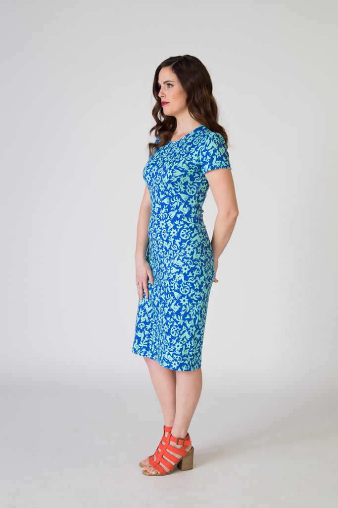 Bodycon Dress - Pasto Print Blue and Light Green – Silvania