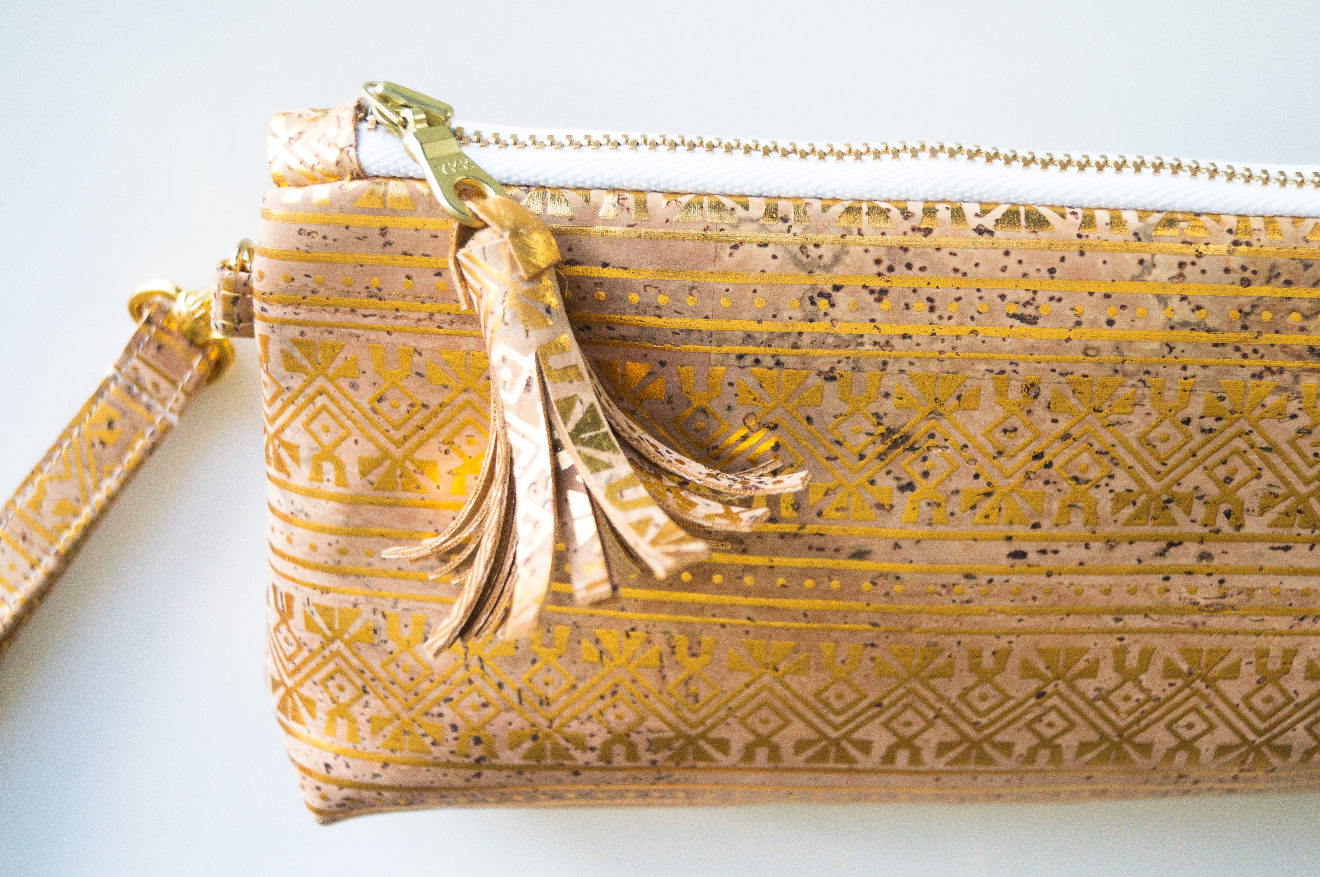 Wristlet Travel Purse - Natural Cork with Gold Print