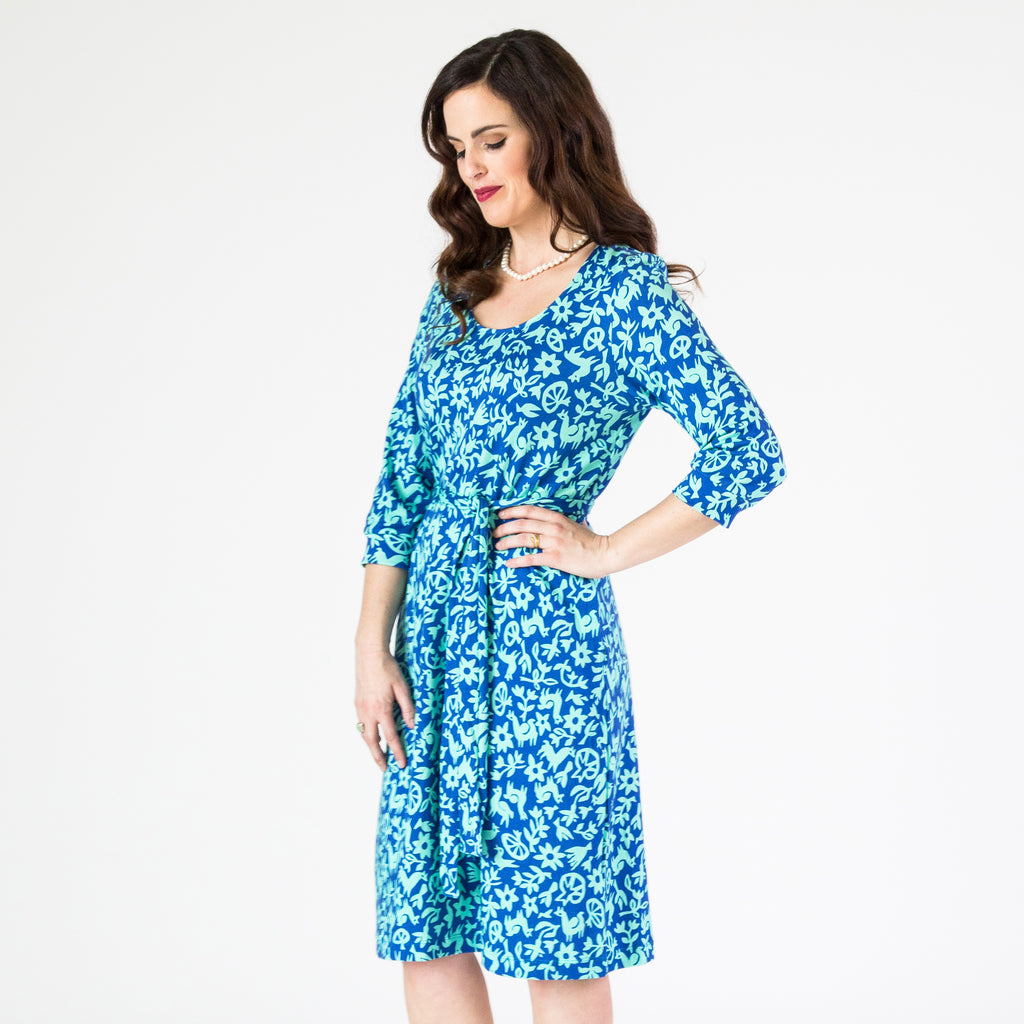 Belted Tunic Dress - Pasto Print Blue and Light Green